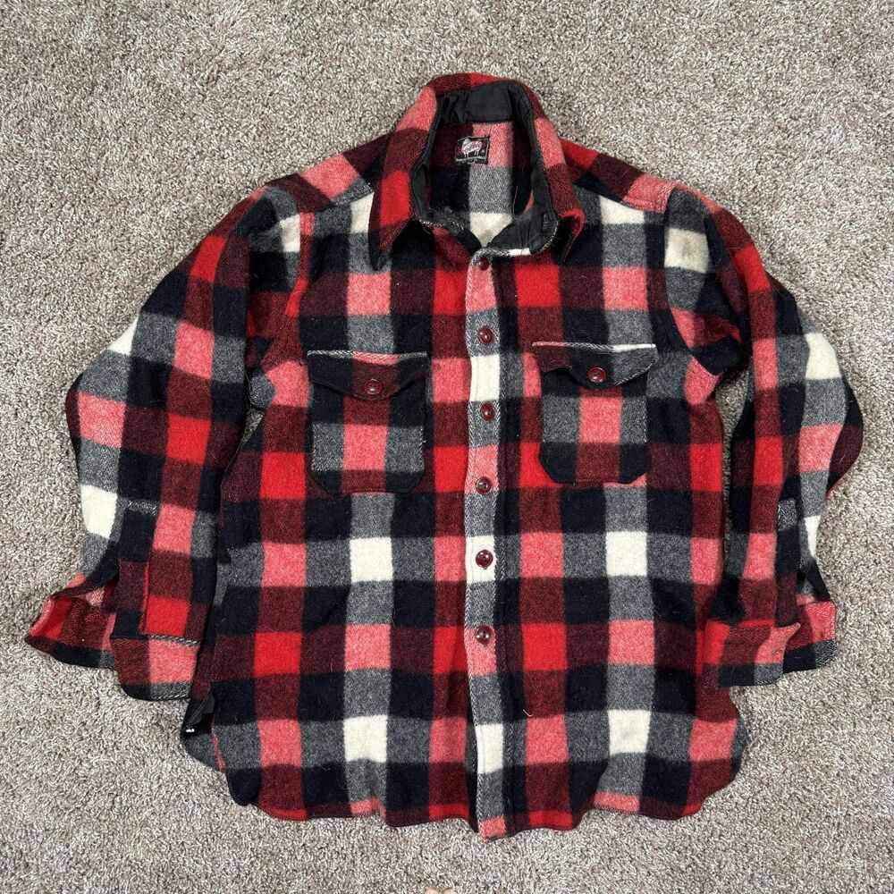 Vintage 40s Woolrich Wool Red Black Buffalo Plaid Long Sleeve Button Up Medium